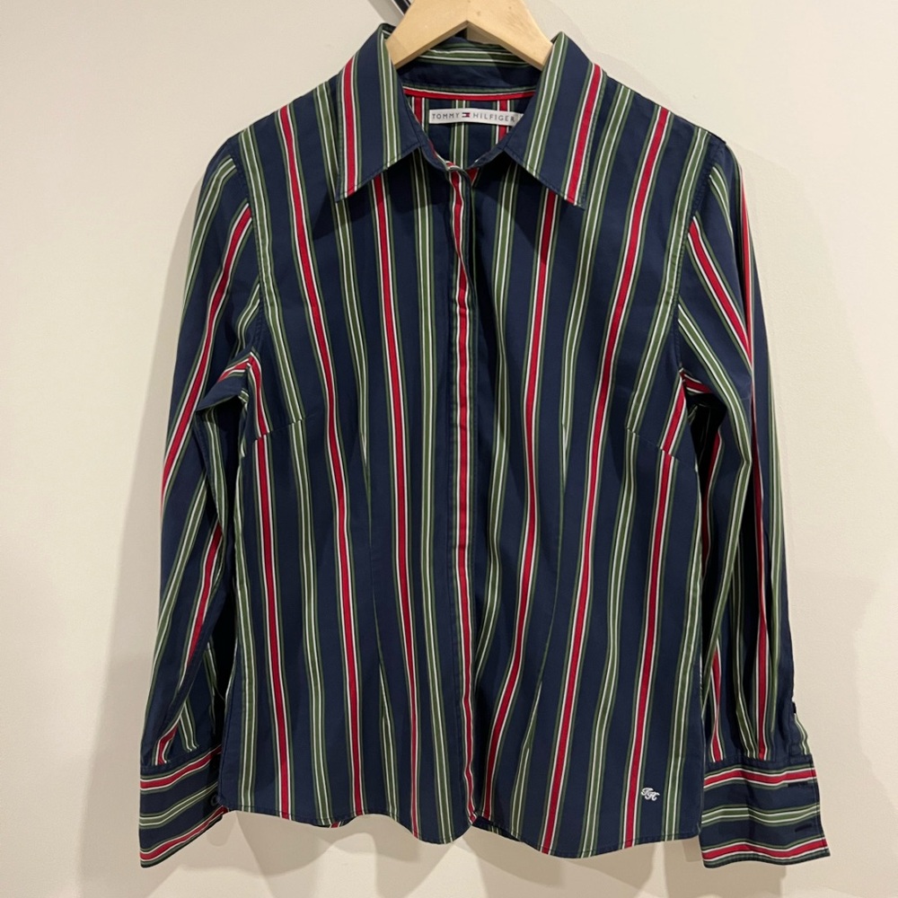 Tommy Hilfiger Navy and Green Striped Shirt
